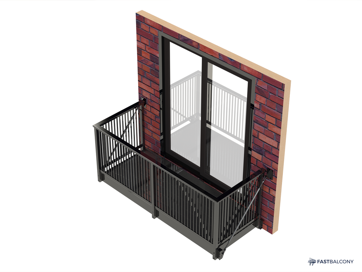 Fast Balcony 5 ft x 10 ft Heavy-Duty Bolt-On Aluminum Balcony System, Sling-Set Installation - elevation view