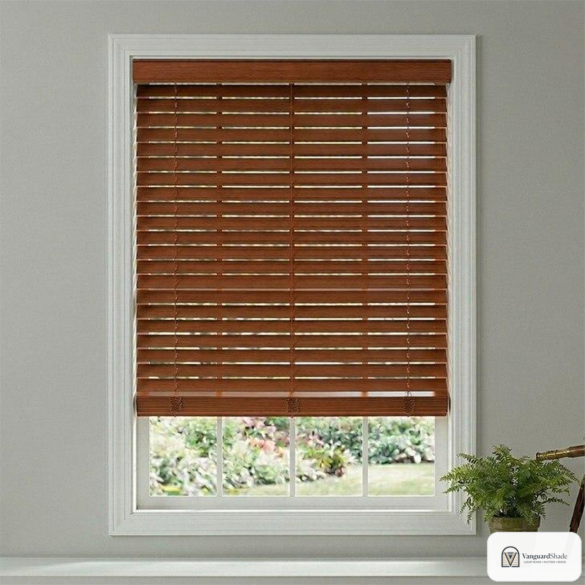 Vanguard Shade 2 in. Motorized Wood Blind, Rechargeable, Custom Cut Width - front view