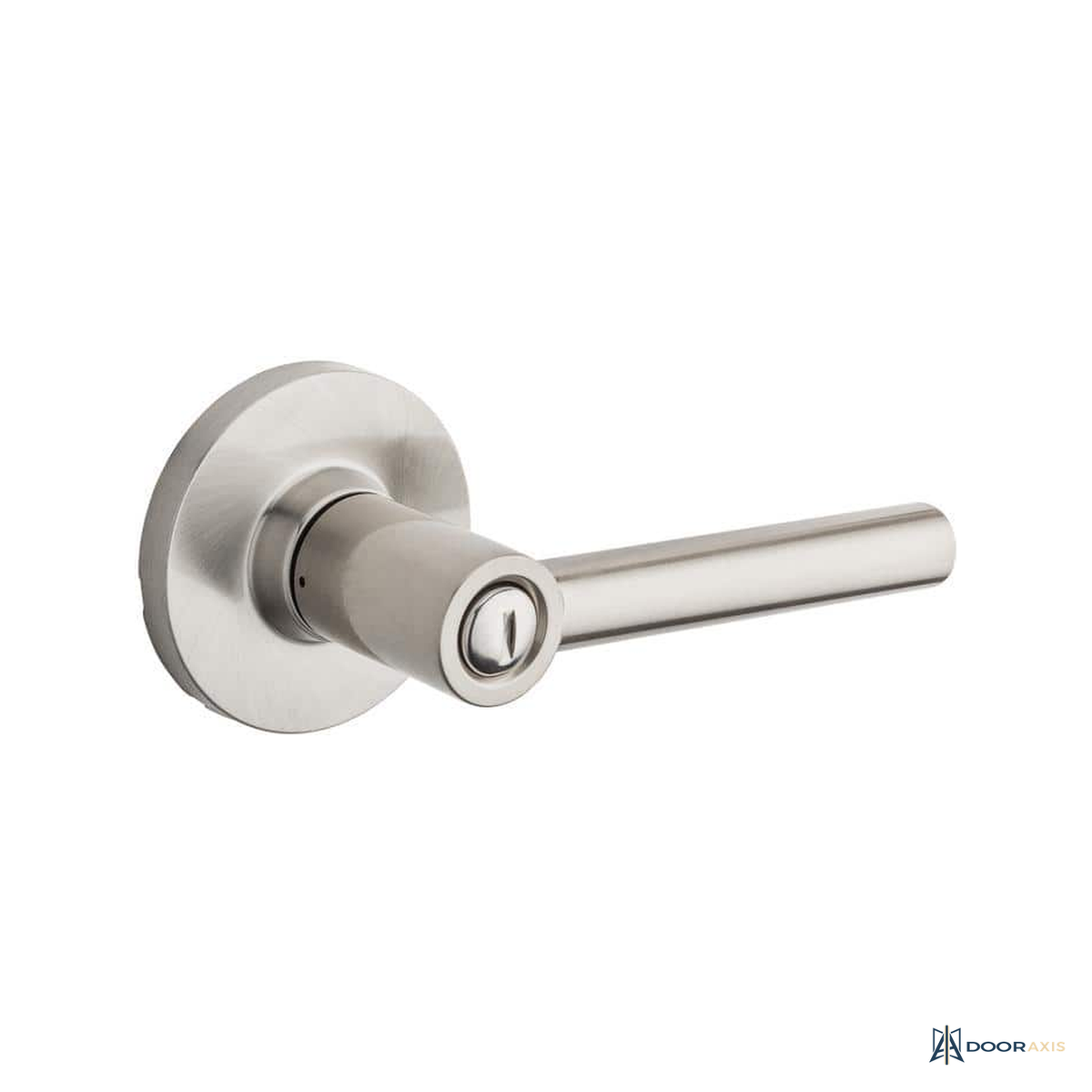 Door Axis Satin Nickel Bed and Bath Privacy Door Lever, Round Rose - front view