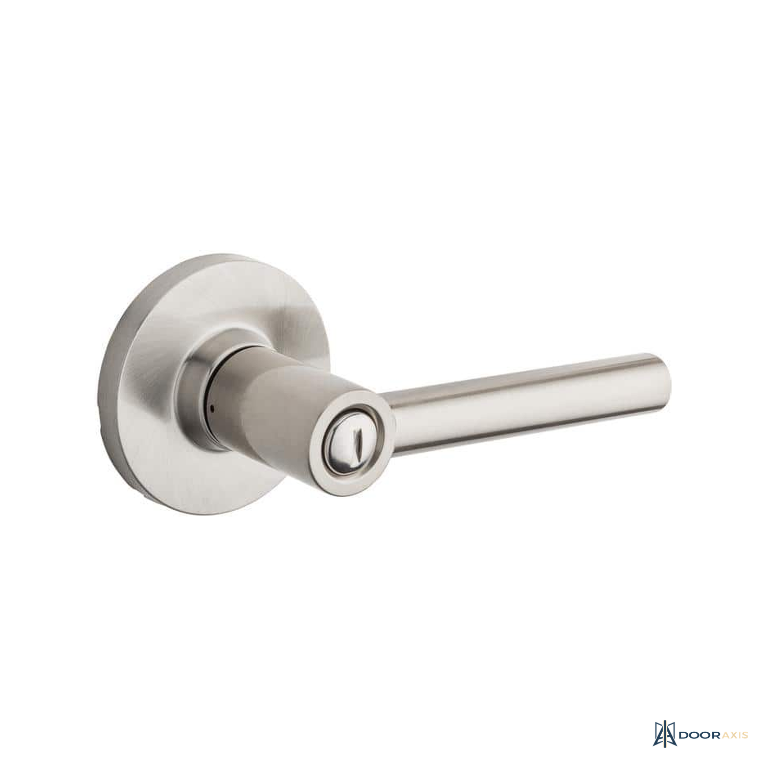 Door Axis Satin Nickel Bed and Bath Privacy Door Lever, Round Rose - front view
