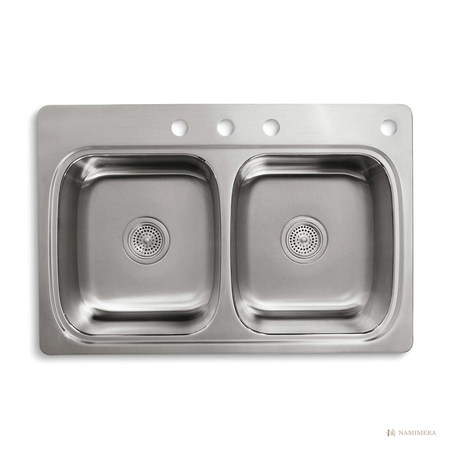 Namimera 33 in. Drop-In Double Bowl 18-Gauge Stainless Steel Kitchen Sink with 4 Faucet Holes - front view