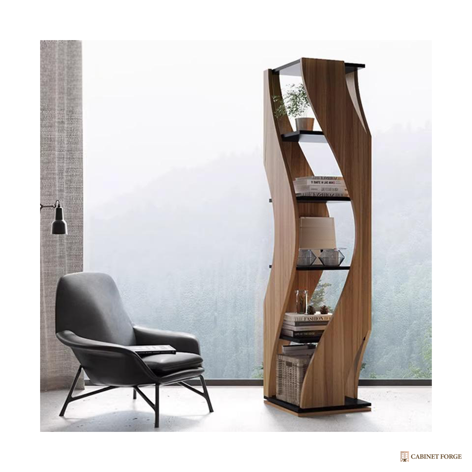 Cabinet Forge Walnut S-Wave Rotating Bookcase - front view