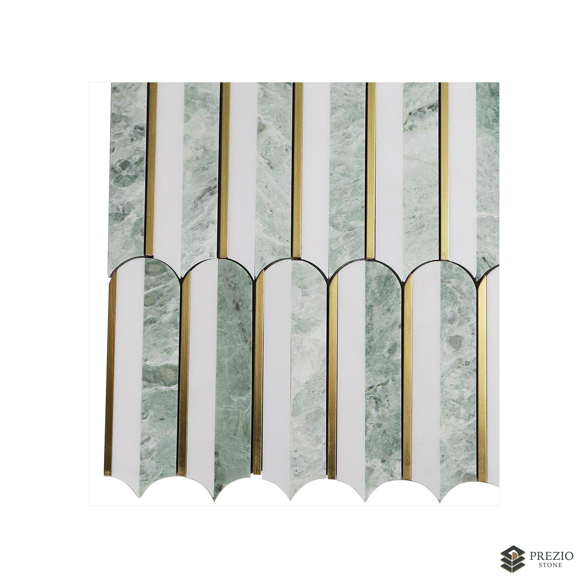 Prezio Stone Scalloped Column Waterjet Mosaic with Brass Lines, Green and Black Marble - primary material view