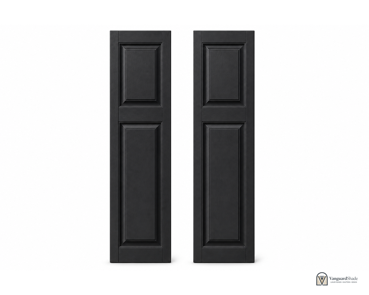 Vanguard Shade Raised Panel Vinyl Exterior Shutter Pair, Stock Heights - front view