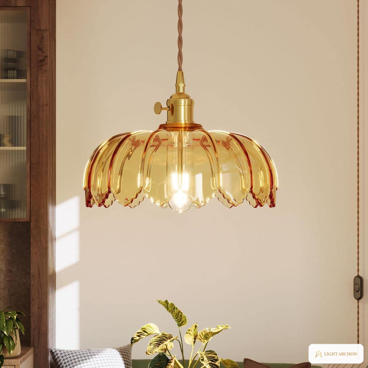 Light Archon Petal 10 in. Amber Ribbed Glass Plug-In Pendant - front view