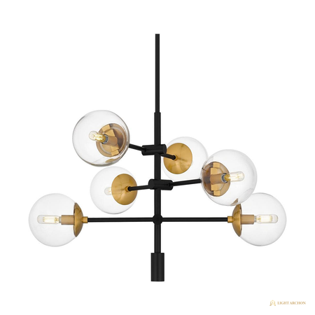 Light Archon Astra 28.5 in. 6-Light Matte Black and Gold Cluster Chandelier with Clear Glass Sphere Shades - angle view