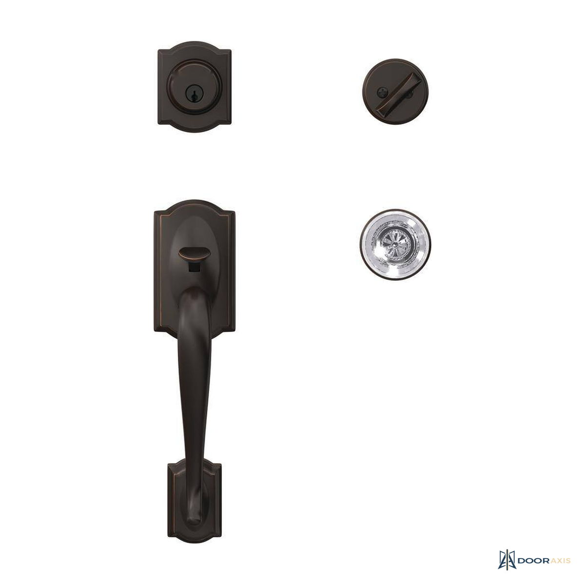 Door Axis Aged Bronze Single Cylinder Entry Handleset with Glass Interior Knob - angle view