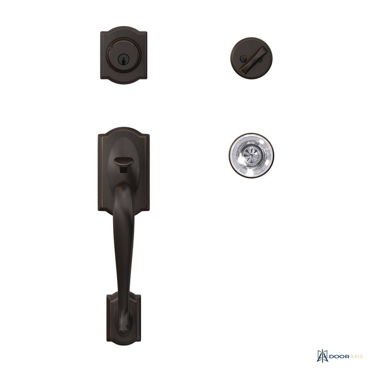 Door Axis Aged Bronze Single Cylinder Entry Handleset with Glass Interior Knob - angle view