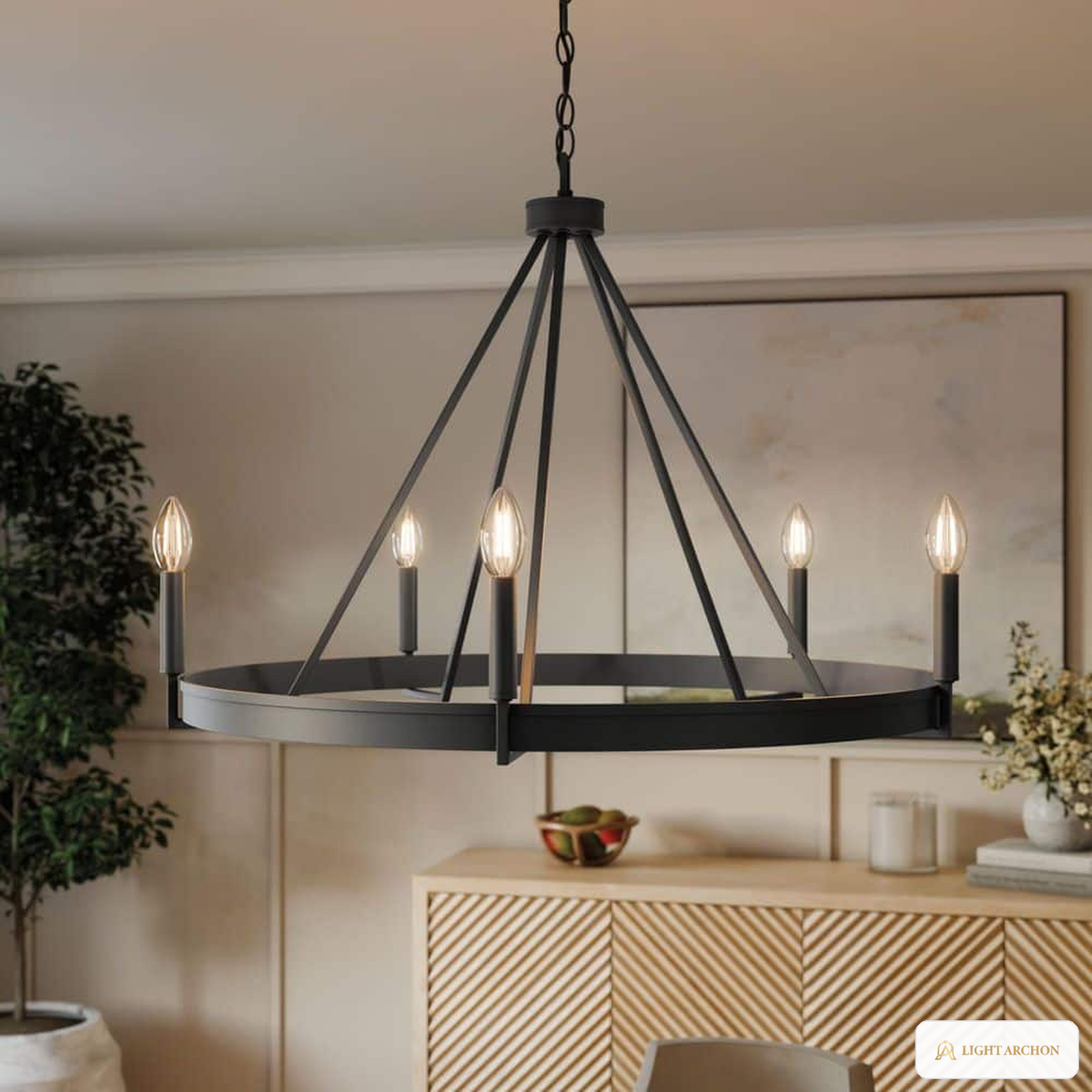 Light Archon Ronde 32 in. 5-Light Matte Black Rustic Modern Candle Chandelier - angle view