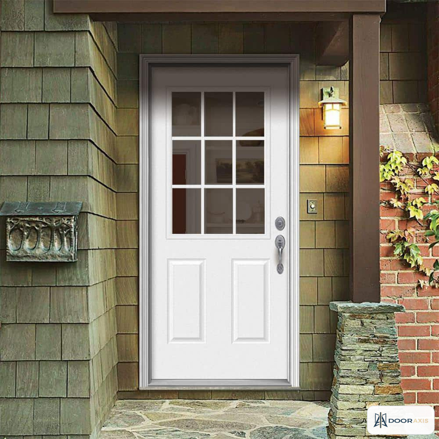 Door Axis 36 in x 80 in 9-Lite Steel Prehung Entry Door with Brickmold, Left-Hand Inswing - angle view