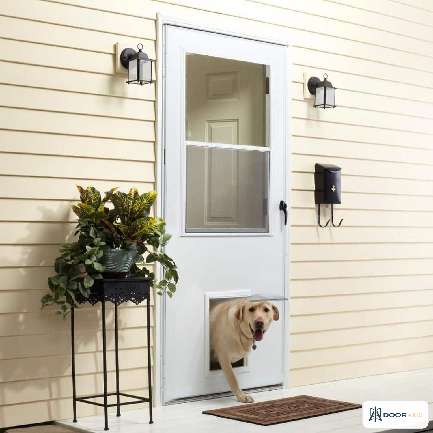 Door Axis 32 in x 80 in White Vinyl Pet Entry Storm Door, 1/2 Light Tempered Glass - angle view