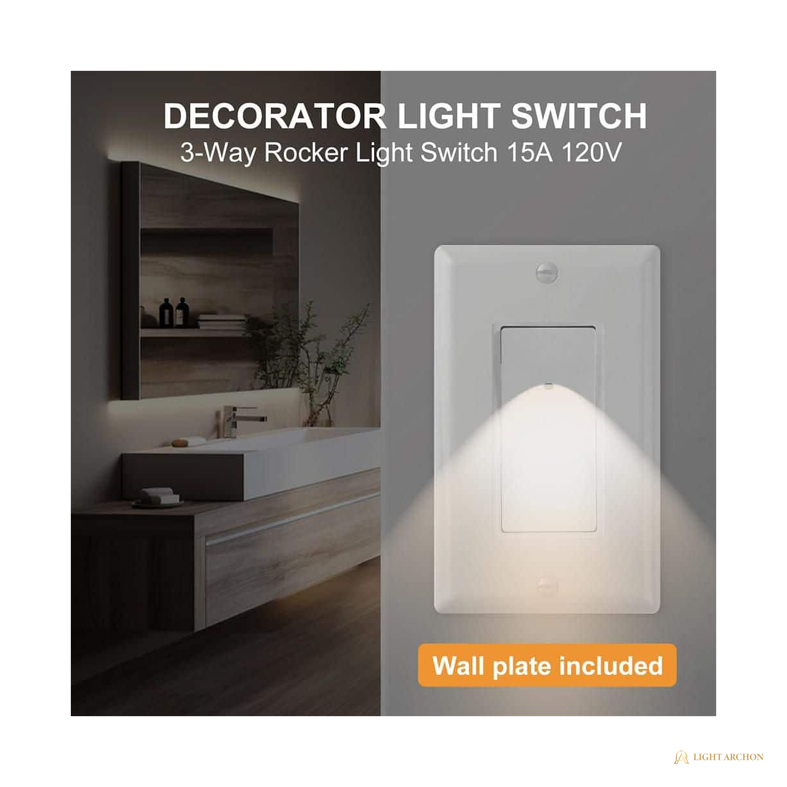 Light Archon Nightwatch 15A Illuminated 3-Way Rocker Switch with Night Light - angle view
