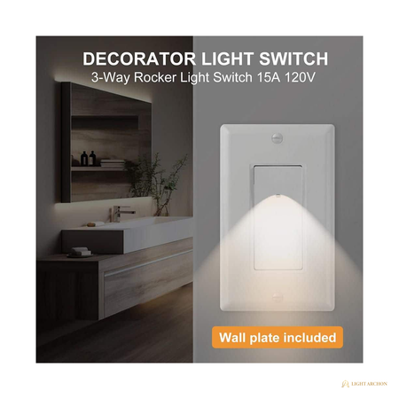 Light Archon Nightwatch 15A Illuminated 3-Way Rocker Switch with Night Light - angle view