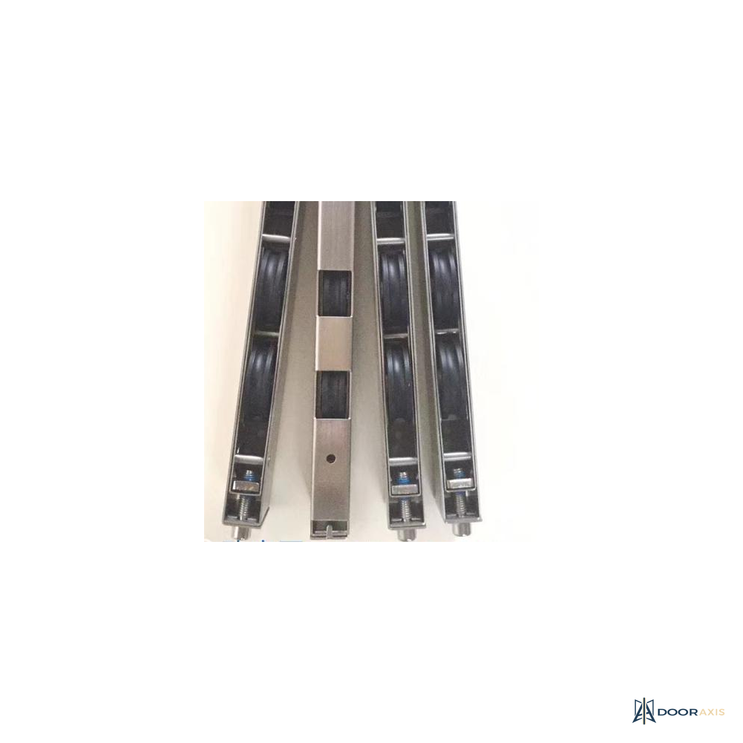 Door Axis Sliding Door Hardware Set, Stainless Tandem Rollers and Flush Locks - angle view