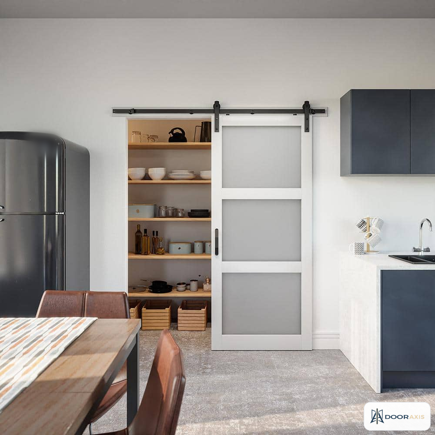Door Axis 36 in x 84 in 3-Lite Frosted Glass White Composite Sliding Barn Door with Track Hardware Kit - angle view