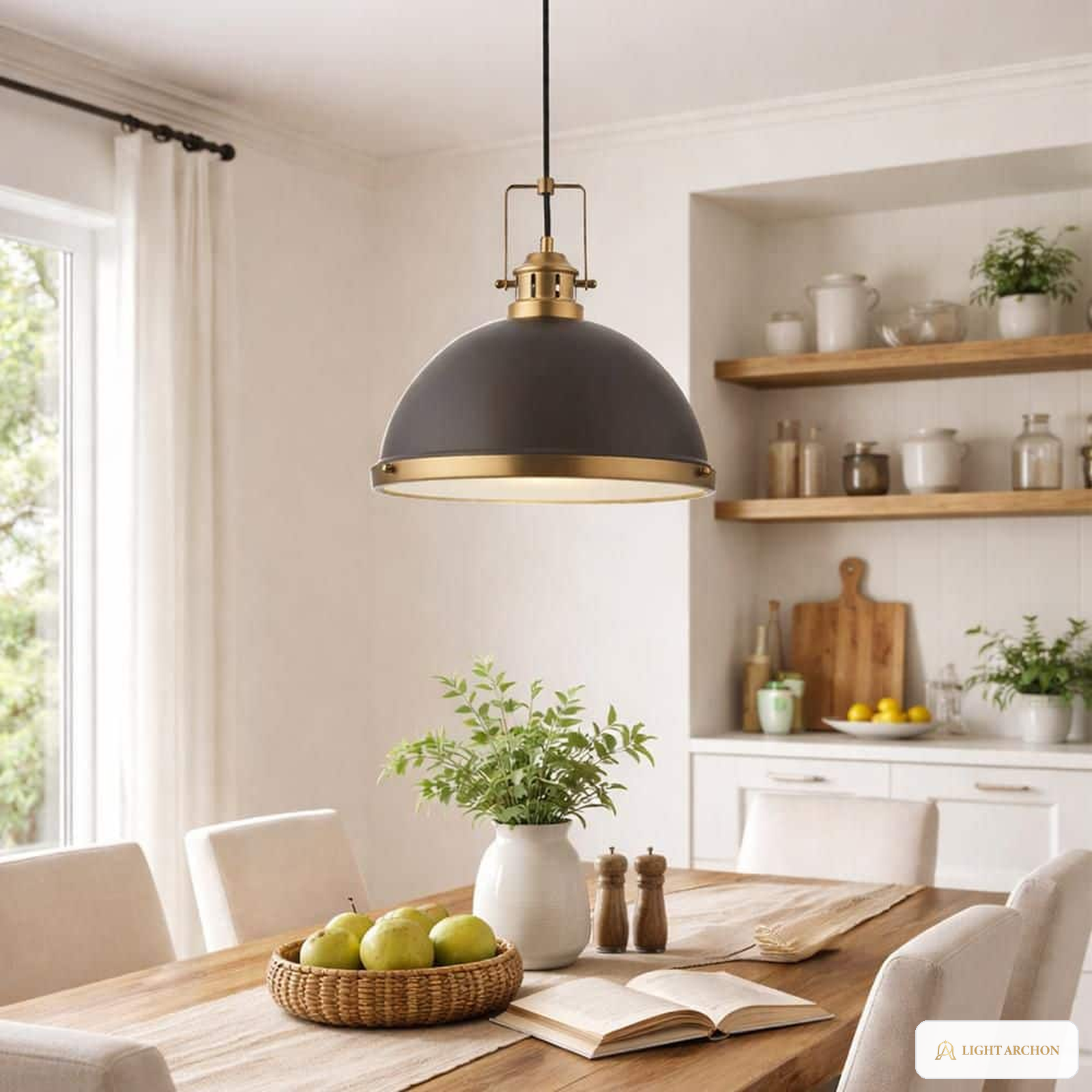 Light Archon Aria 14 in. 1-Light Black and Gold Dome Pendant with Clear Glass Shade - angle view