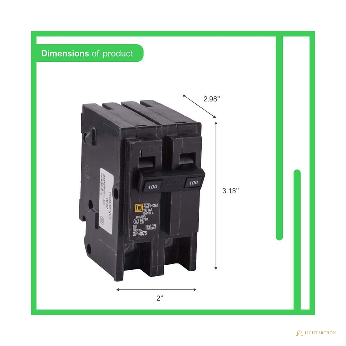Light Archon Vanguard 100A 2-Pole Circuit Breaker - angle view