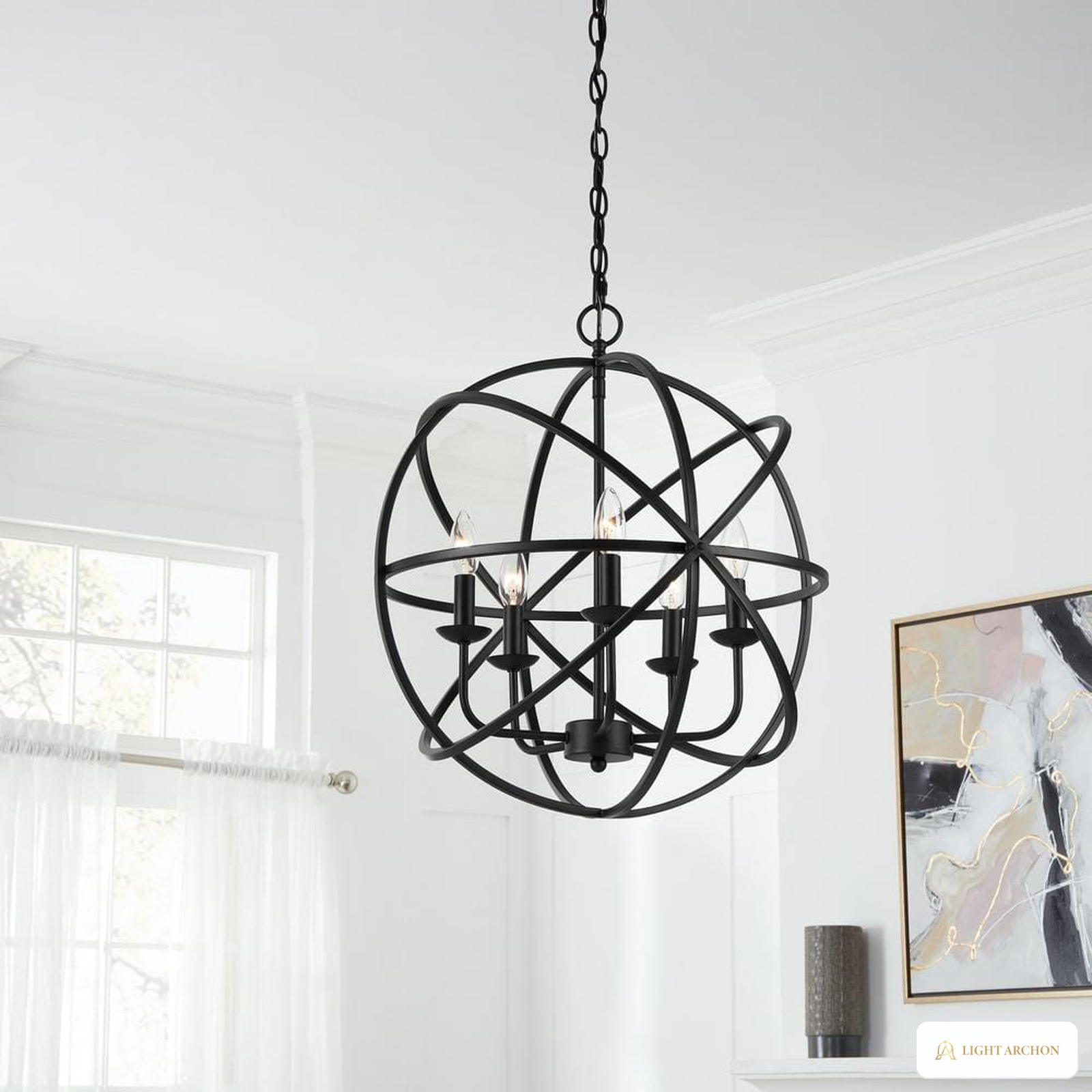 Light Archon Orbis 20 in. 5-Light Black Chandelier with Caged Orb Shade - angle view