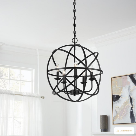 Light Archon Orbis 20 in. 5-Light Black Chandelier with Caged Orb Shade - angle view