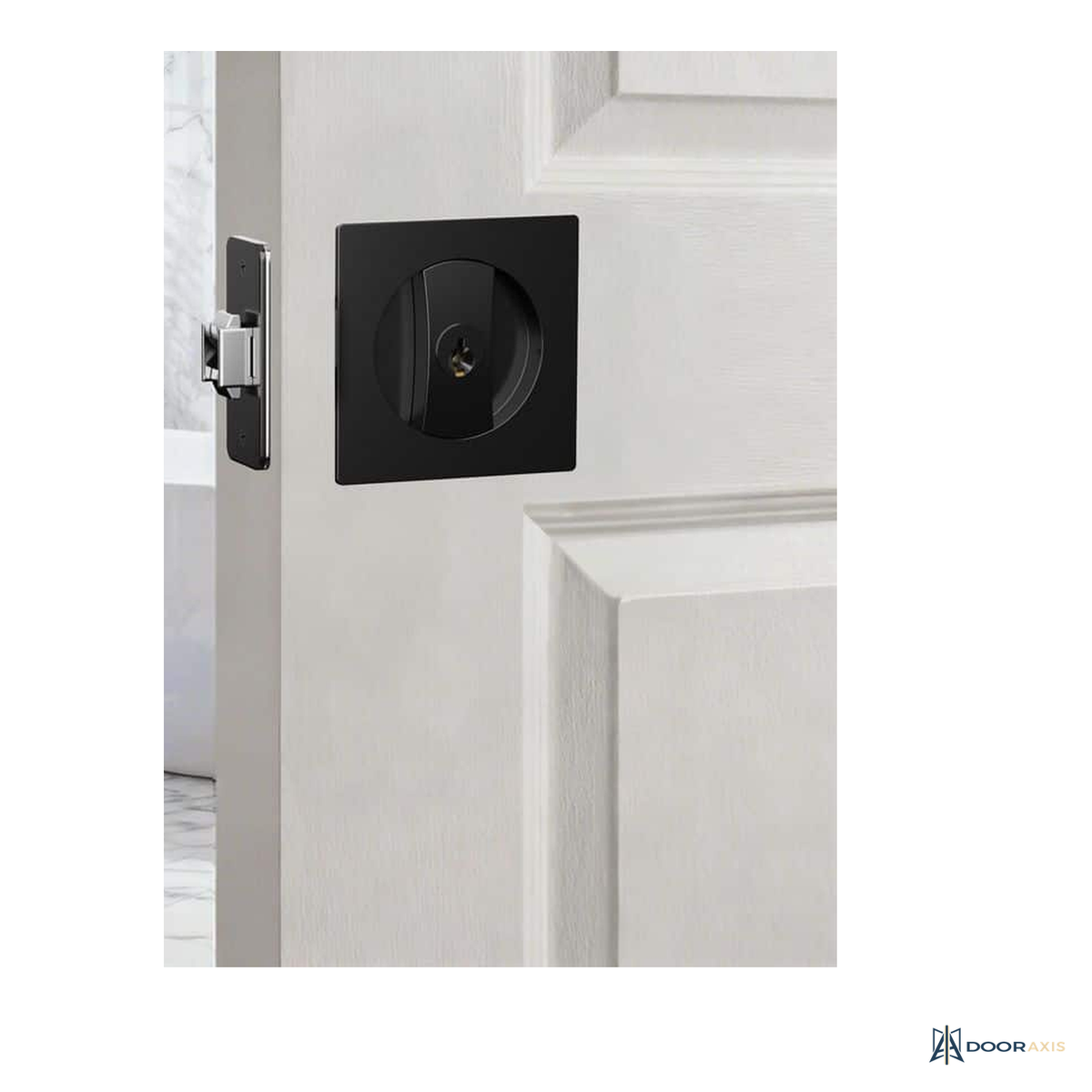 Door Axis Square Keyed Pocket Door Lock, Matte Black - angle view