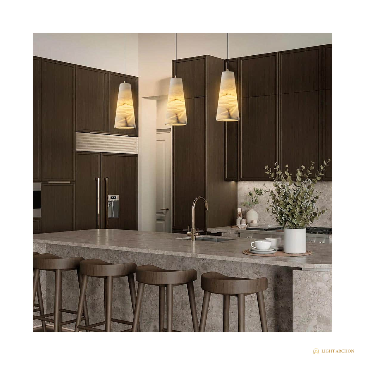 Light Archon Cara Natural Alabaster Cone Pendant with Brushed Gold Hardware - angle view