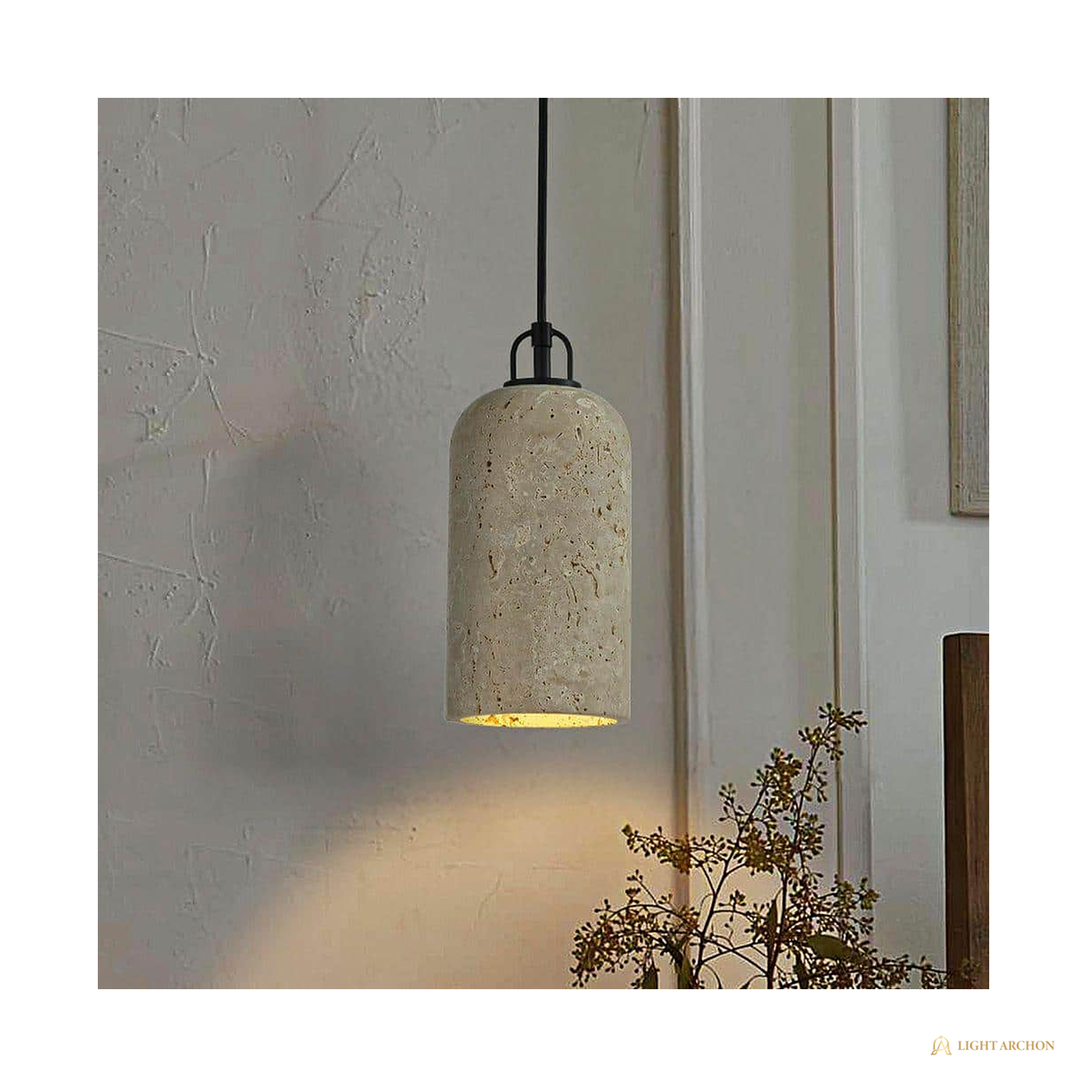 Light Archon Petra 5 in. Natural Travertine Cylinder Pendant, Matte Black Hardware - angle view