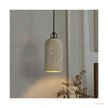 Light Archon Petra 5 in. Natural Travertine Cylinder Pendant, Matte Black Hardware - angle view