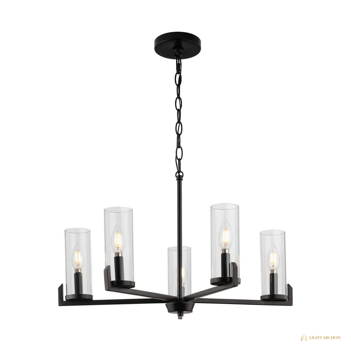 Light Archon Tivoli 25 in. 5-Light Matte Black Chandelier with Clear Glass Cylinder Shades - angle view