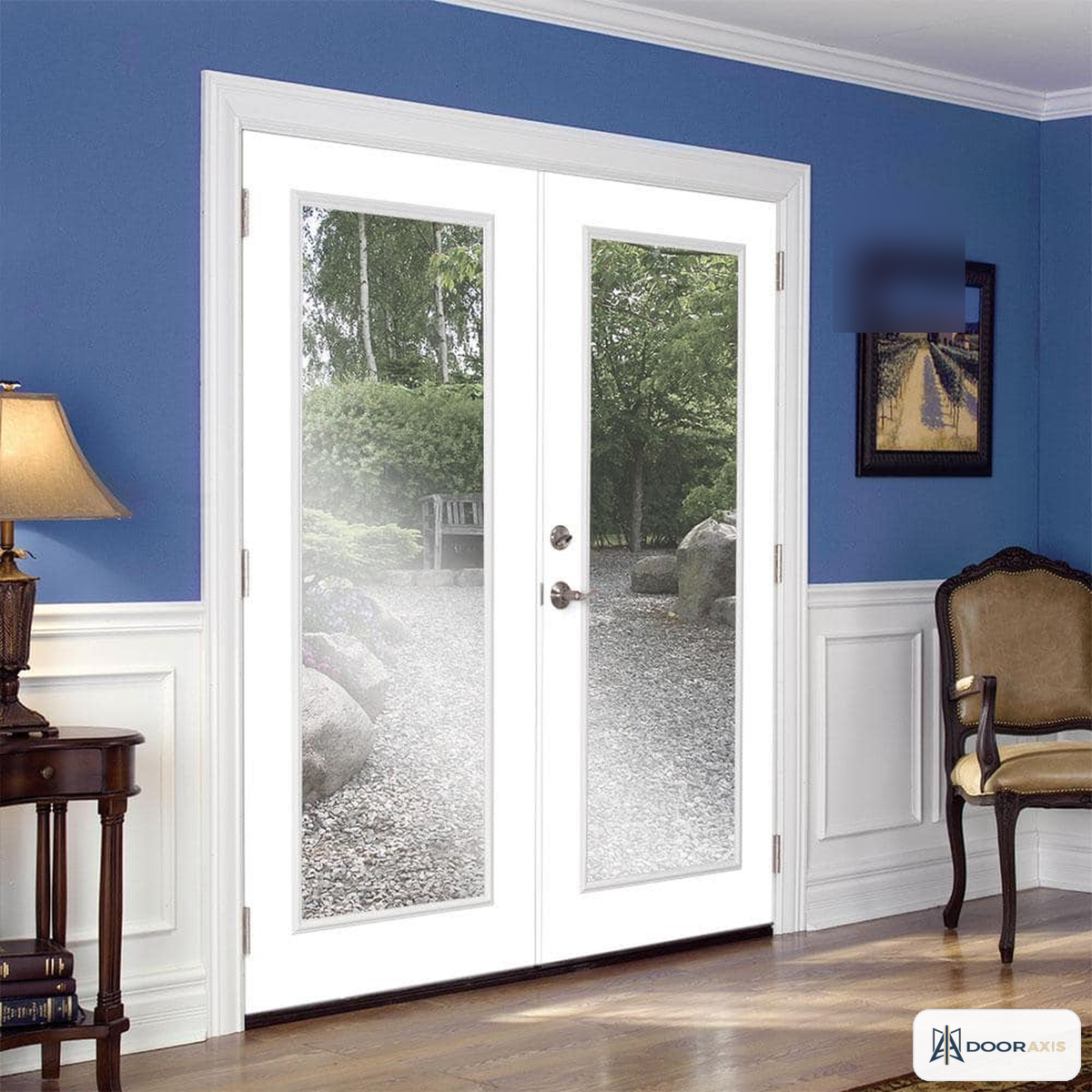 Door Axis 60 in x 80 in Full Lite Steel Prehung French Patio Door with Exterior Casing, Right-Hand Inswing - angle view