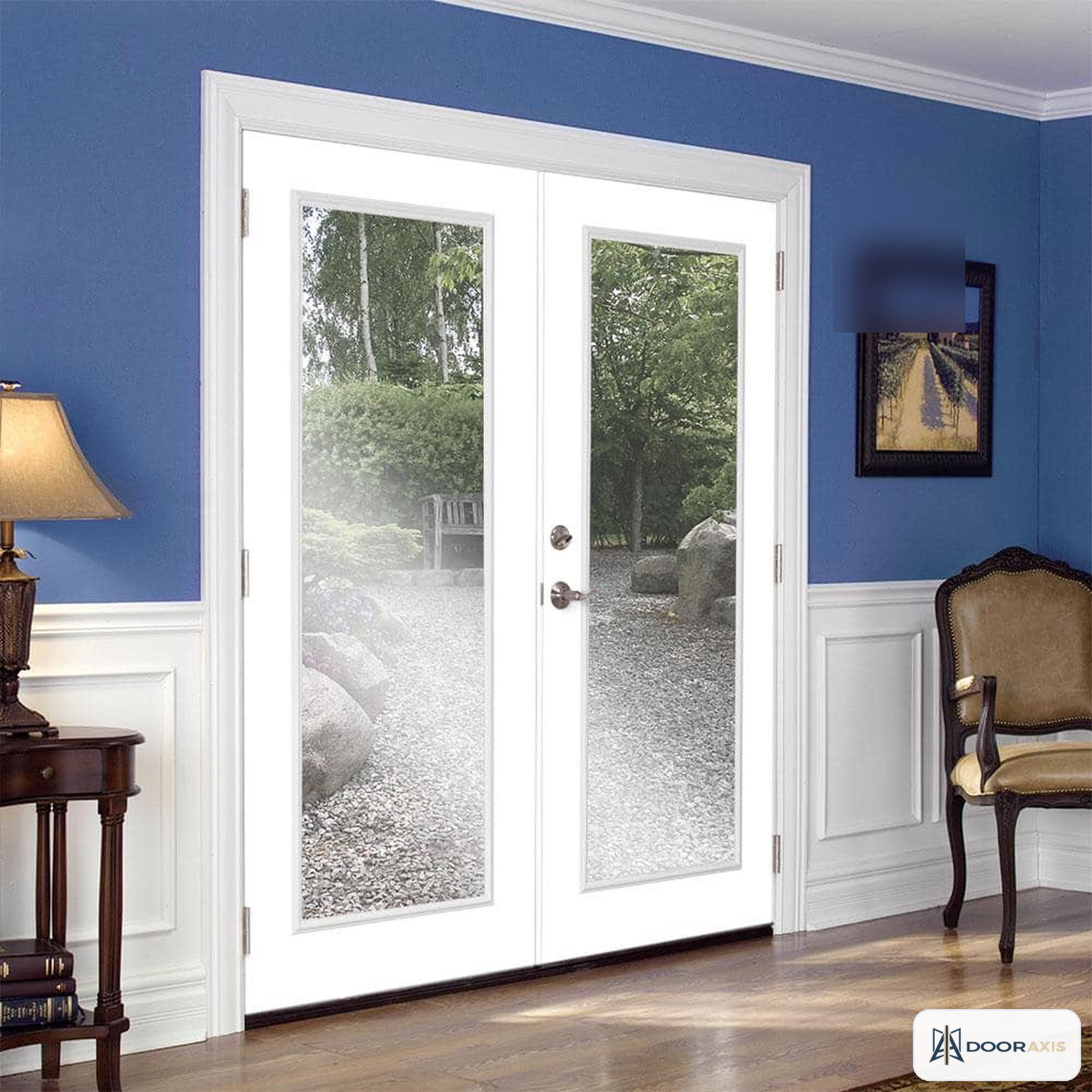 Door Axis 60 in x 80 in Full Lite Steel Prehung French Patio Door with Exterior Casing, Right-Hand Inswing - angle view