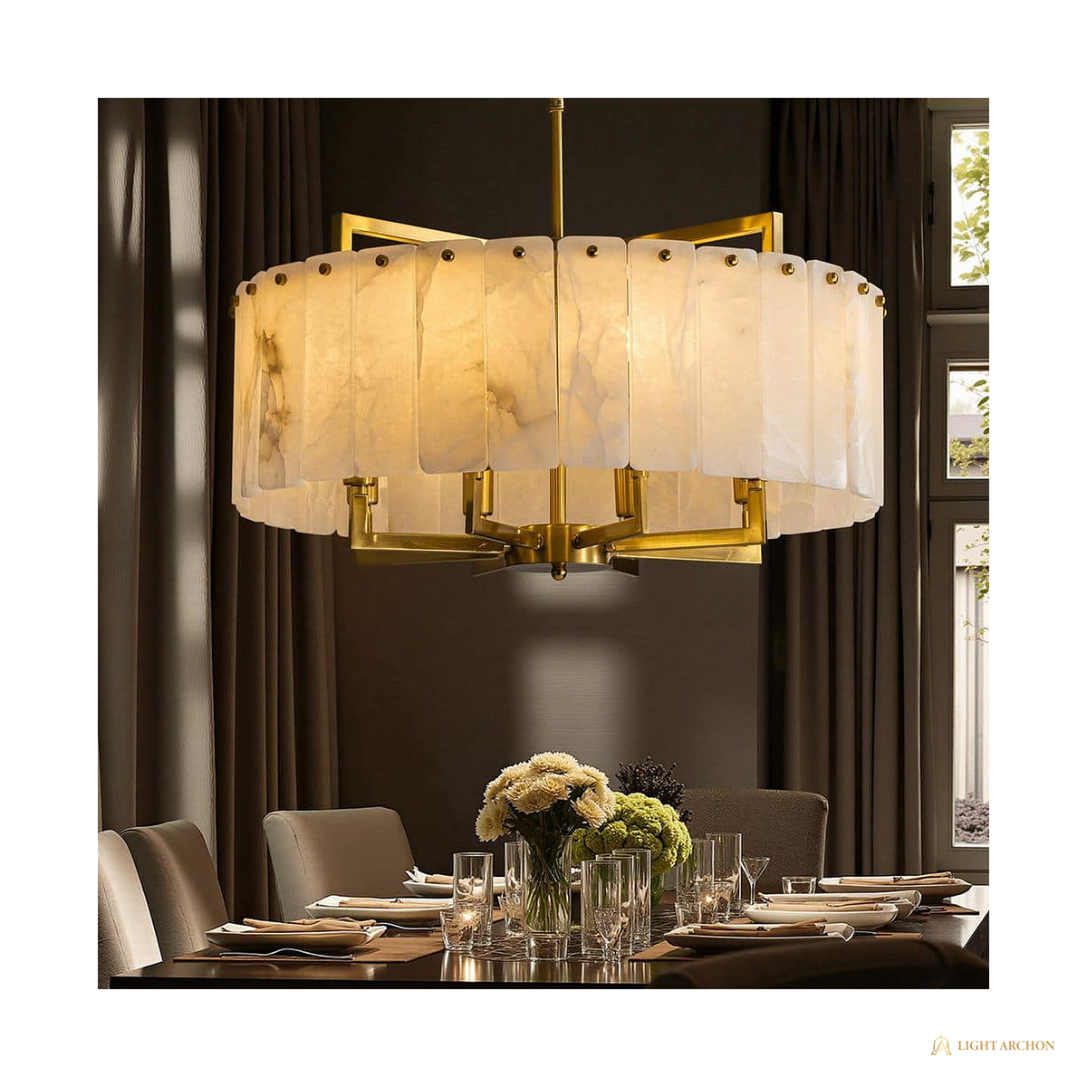 Light Archon Alba 24 in. 8-Light Round Chandelier with Alabaster-Style Shades, Brushed Gold - angle view