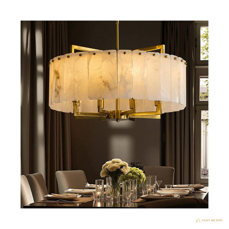 Light Archon Alba 24 in. 8-Light Round Chandelier with Alabaster-Style Shades, Brushed Gold - angle view