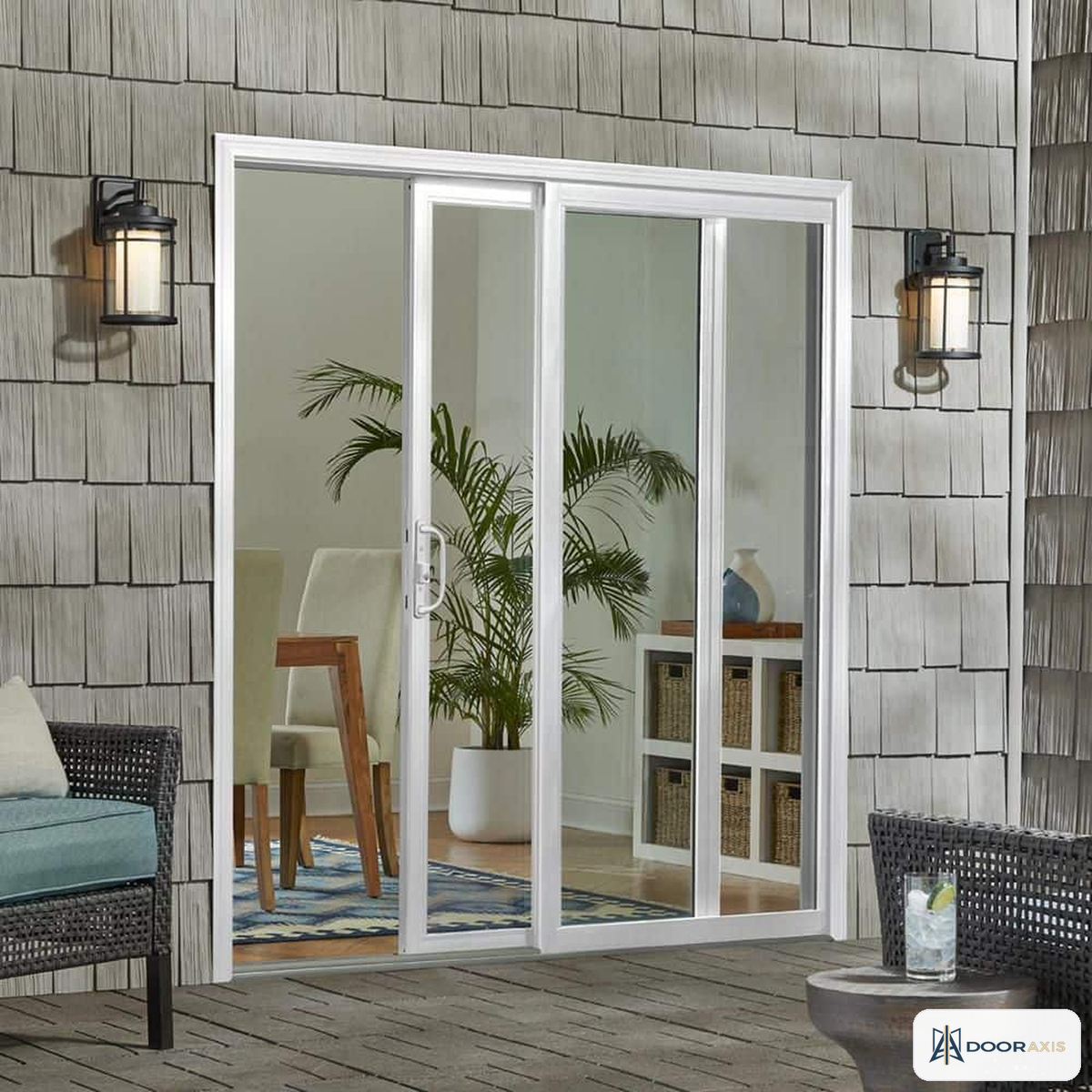Door Axis 72 in x 80 in White Reversible Vinyl Sliding Patio Door, Low-E Insulated Glass - angle view