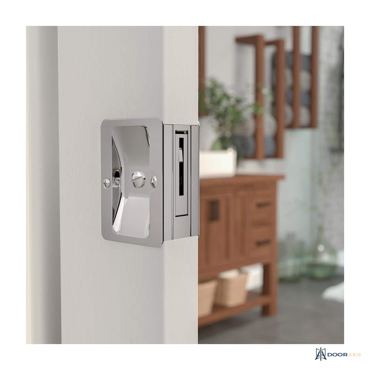 Door Axis 3-1/4 in Pocket Door Pull with Privacy Lock, Polished Chrome - angle view