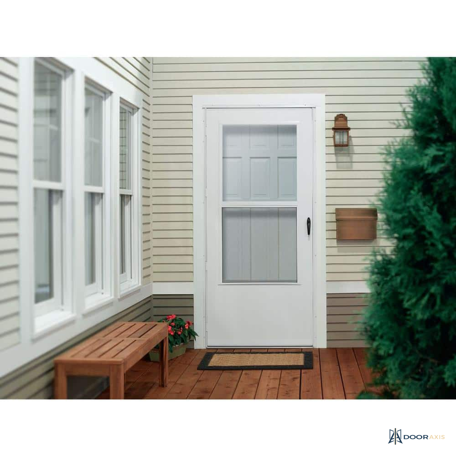 Door Axis 36 in x 80 in White Vinyl Self-Storing Storm Door, 3/4 Light Tempered Glass - angle view