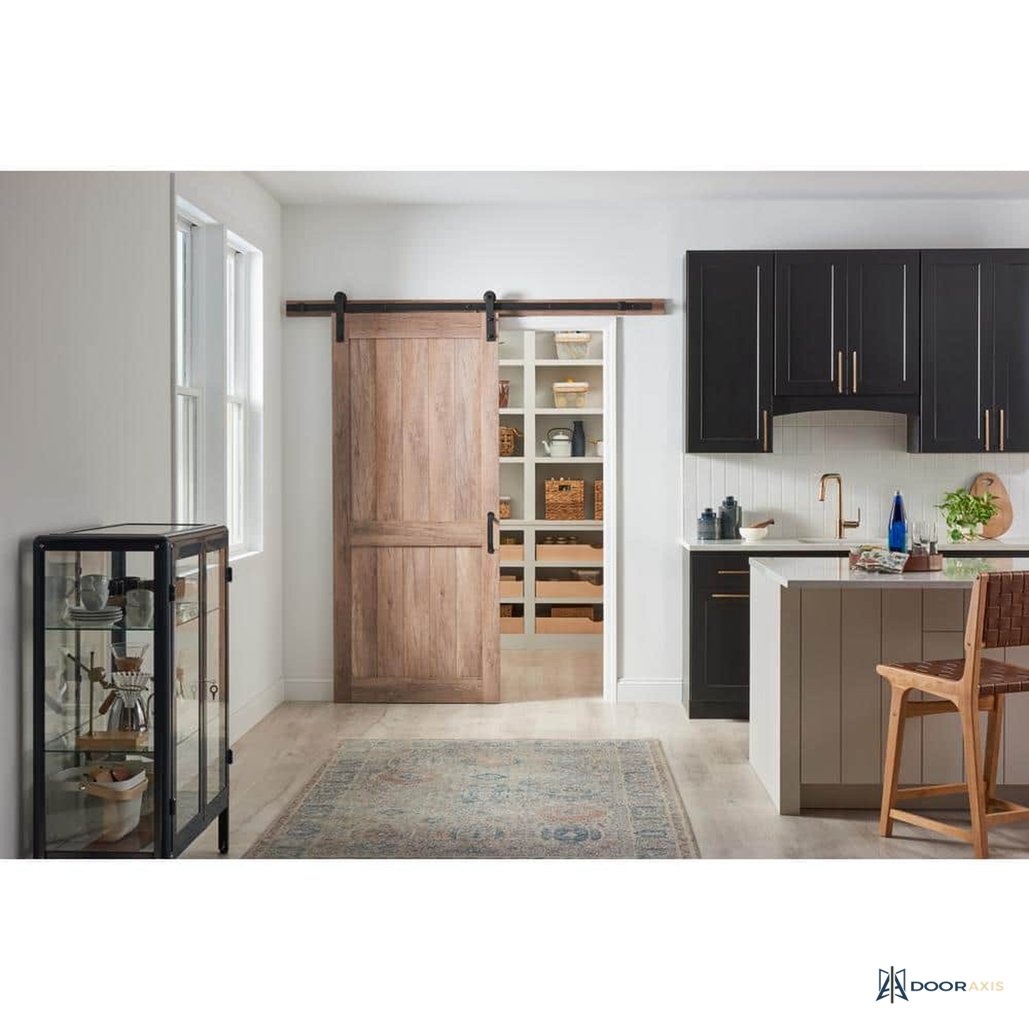 Door Axis 36 in x 84 in 2-Panel Plank Sandy Brown Sliding Barn Door with Track Hardware Kit - angle view