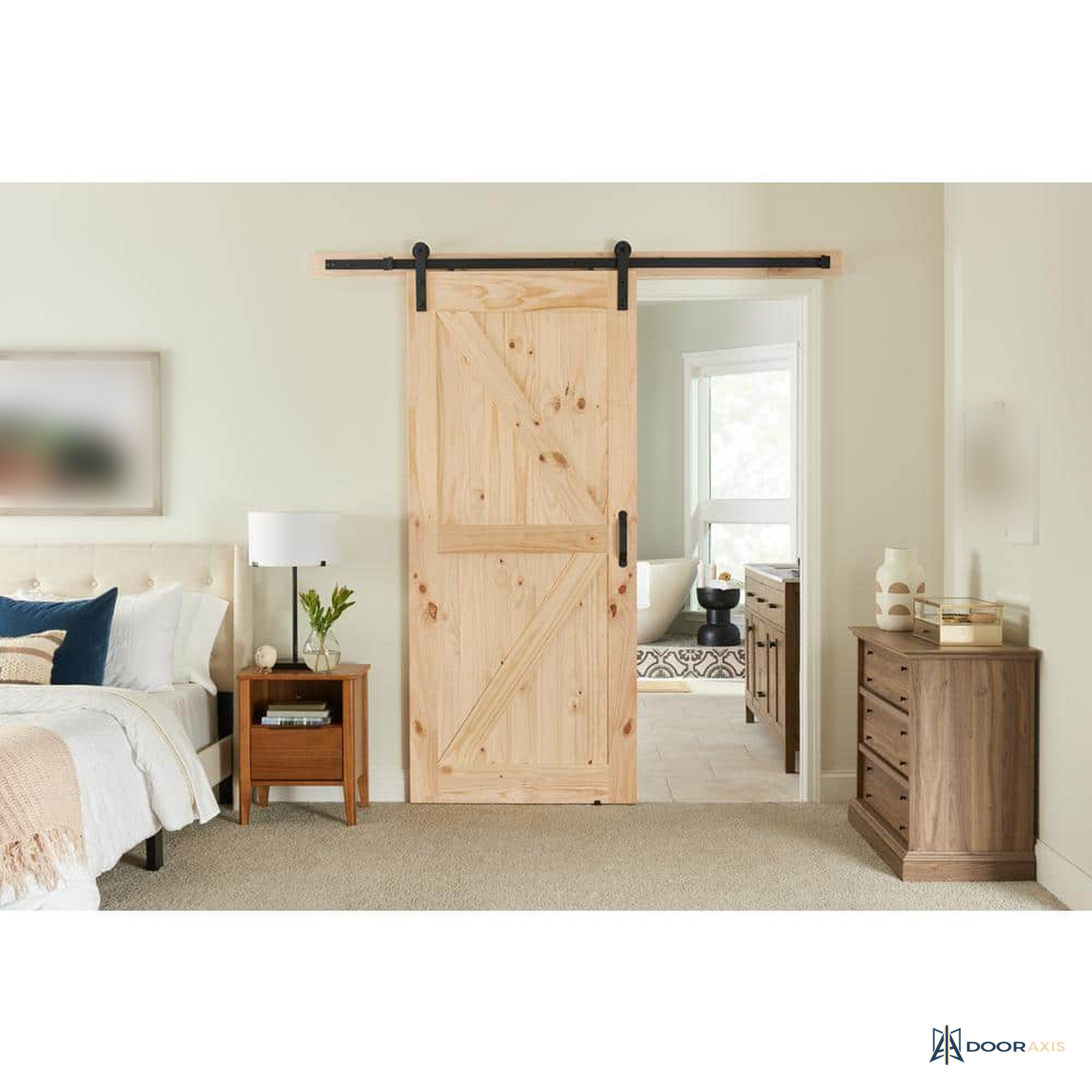 Door Axis 36 in x 84 in K-Frame Plank Knotty Pine Sliding Barn Door with Track Hardware Kit - angle view