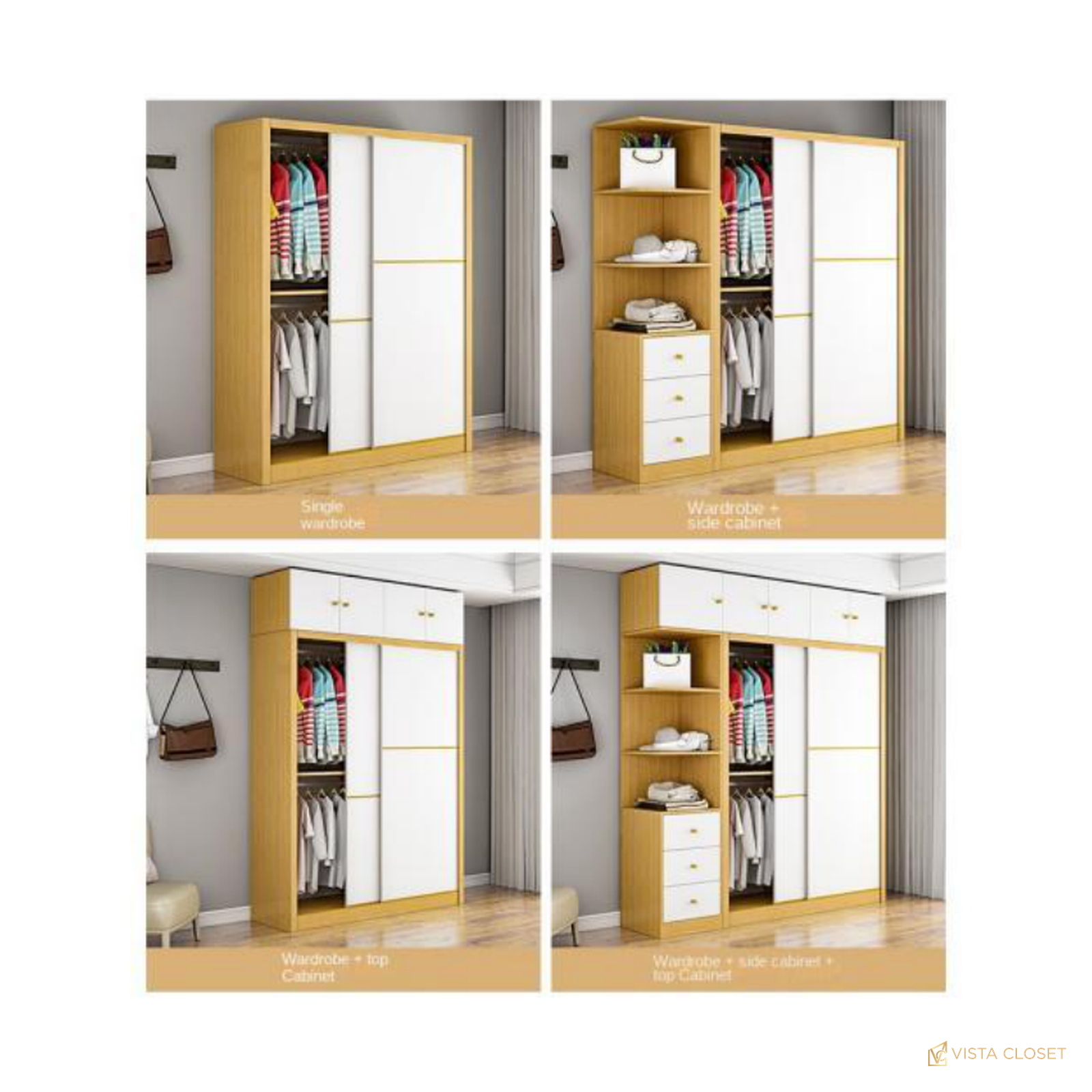Vista Closet Natural Oak and White Sliding Wardrobe - add-on combinations overview