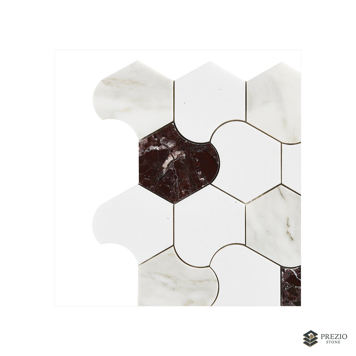 Prezio Stone Organic Interlock Waterjet Mosaic, Verde and Calacatta Marble - texture detail