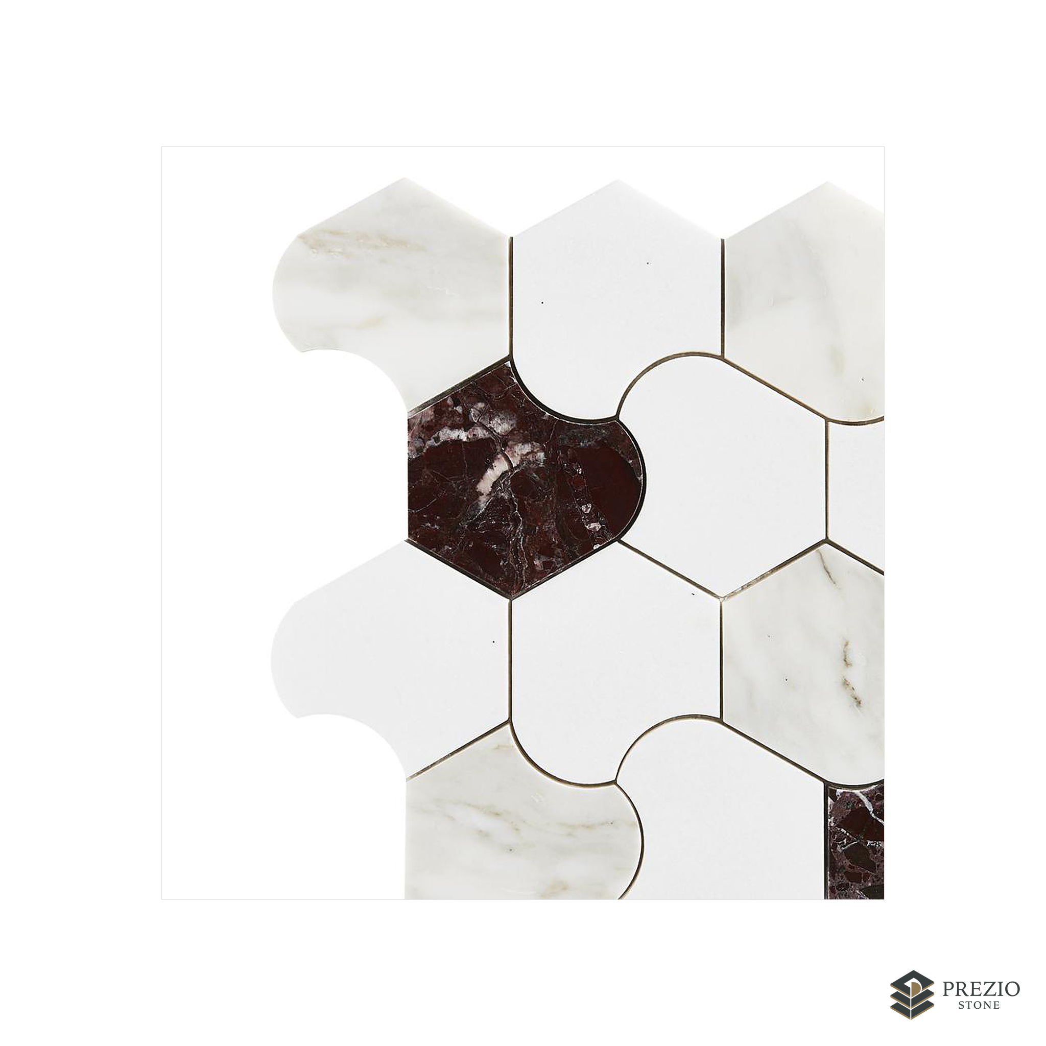 Prezio Stone Organic Interlock Waterjet Mosaic, Verde and Calacatta Marble - texture detail