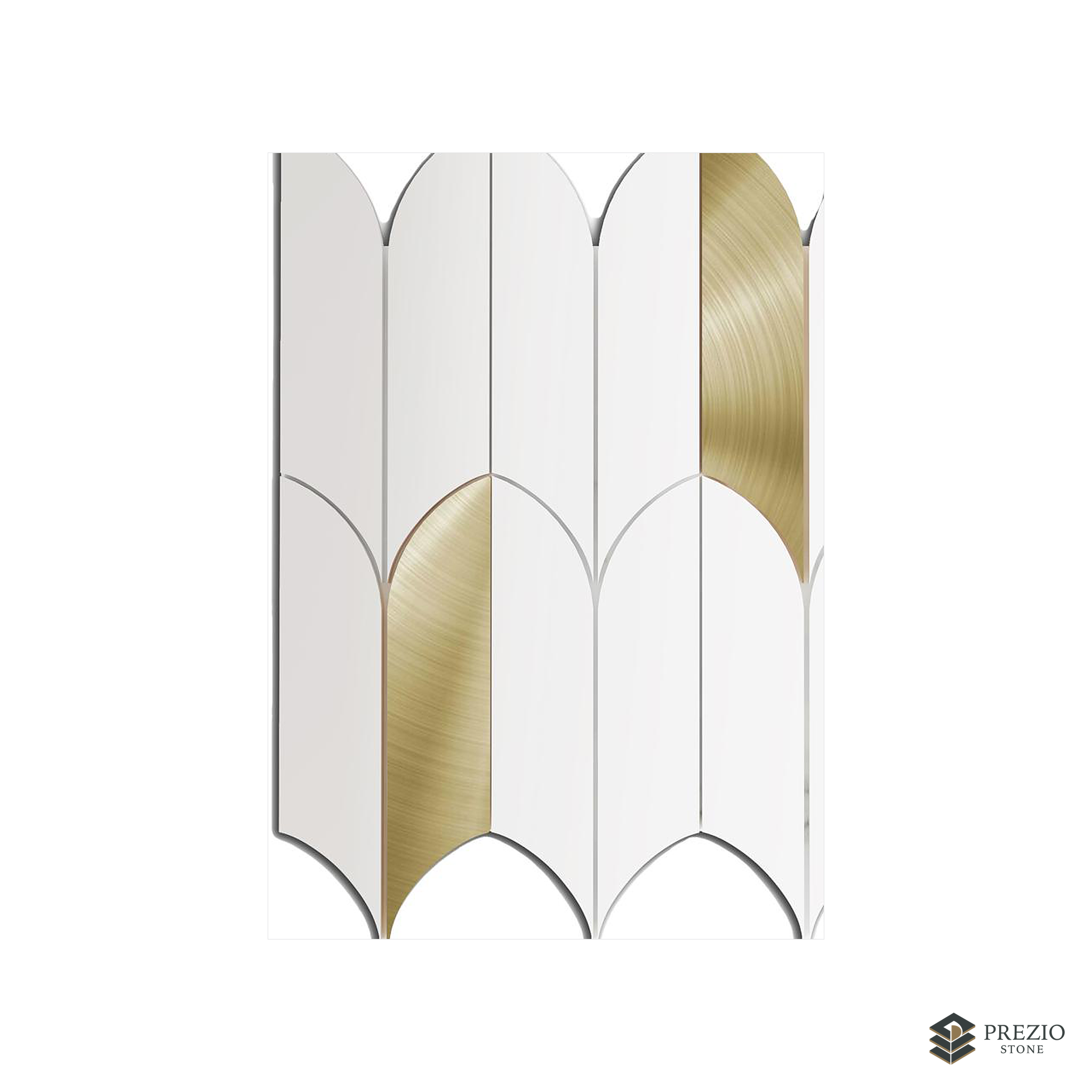 Prezio Stone Arched Plume Waterjet Mosaic with Patina Inlay, White and Black Marble - texture detail