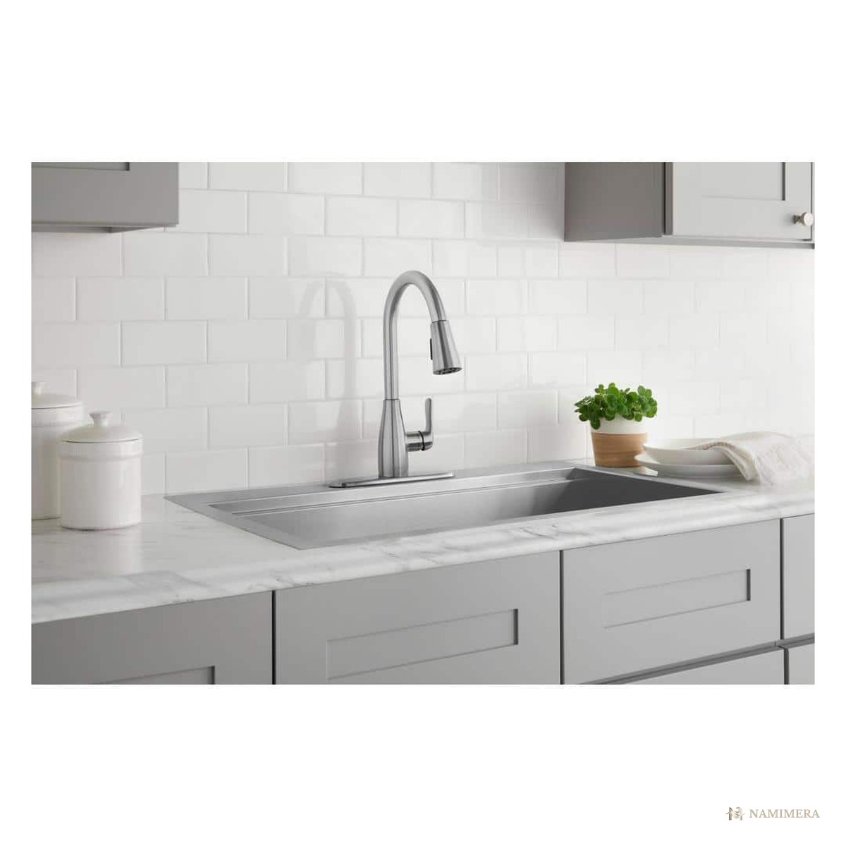 Namimera Single-Handle Pull-Down Kitchen Faucet with Power Spray, 1.8 GPM, Stainless Steel - detail view