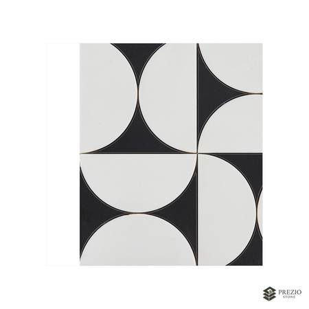 Prezio Stone Crescent Quadrant Waterjet Mosaic, Carrara, Nero, and Verde Marble - texture detail