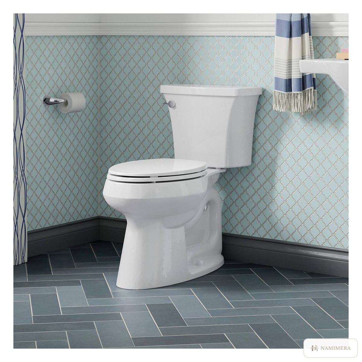 Namimera Two-Piece Elongated Chair-Height Toilet, 1.28 GPF Single Flush, 12 in. Rough-In, White - detail view