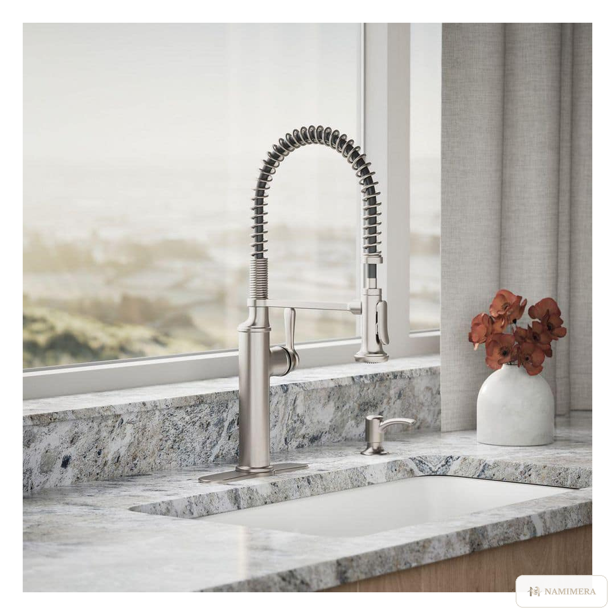 Namimera Semi-Professional Spring-Spout Pull-Down Kitchen Faucet, 1.5 GPM, Stainless - detail view