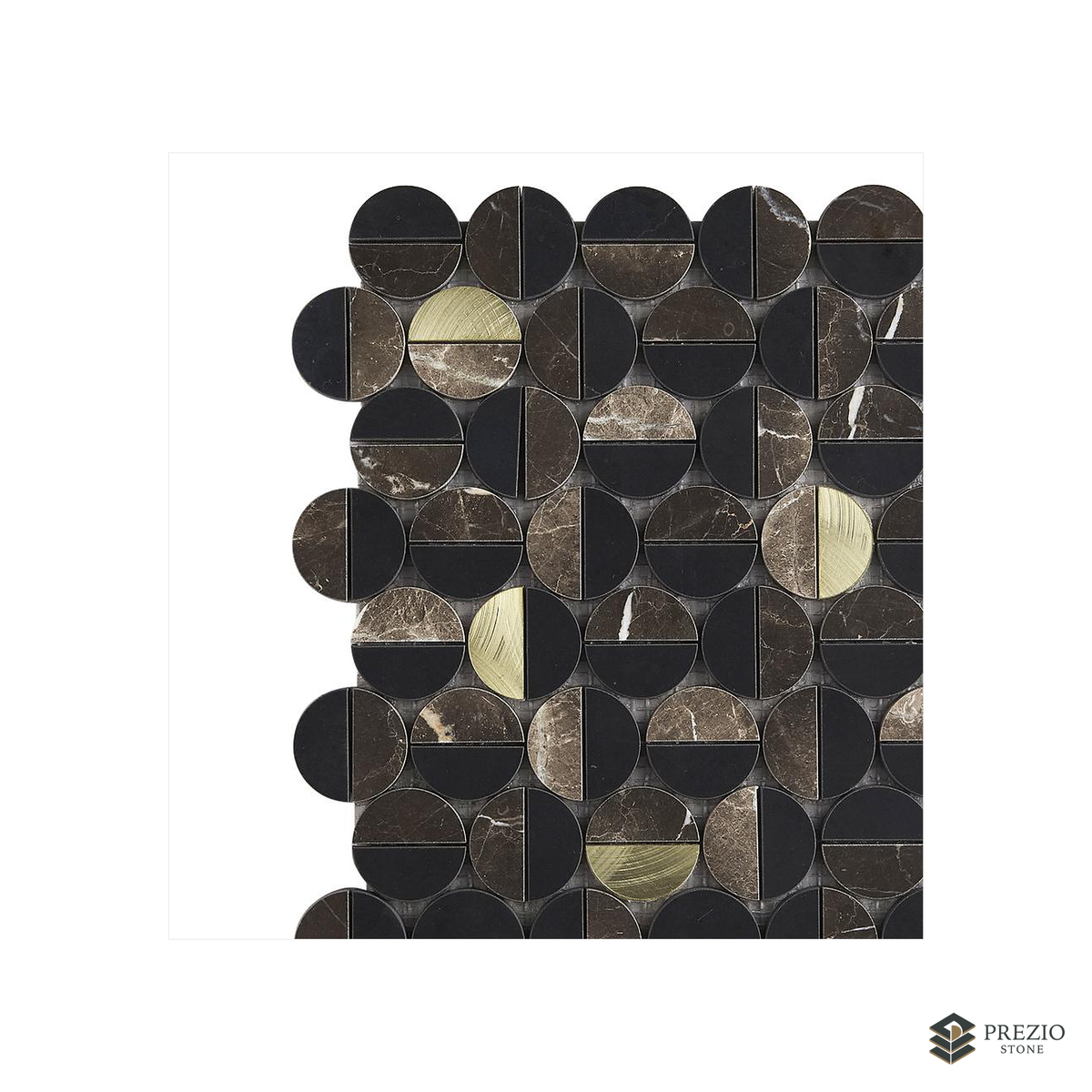 Prezio Stone Penny Coin Mosaic with Brass Dots, White and Black Marble - texture detail