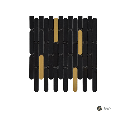 Prezio Stone Piano Key Linear Mosaic with Brass Batons, White and Black Marble - texture detail