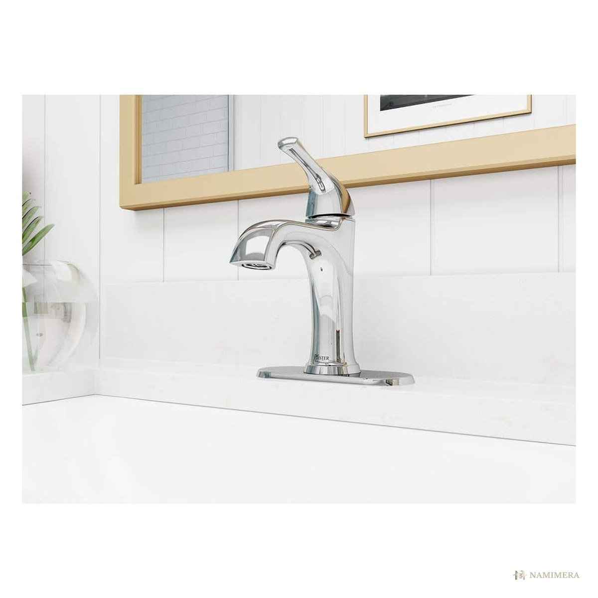 Namimera Single-Hole Single-Handle Mid-Arc Bathroom Faucet with Drain, 1.2 GPM, Polished Chrome - detail view