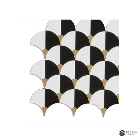 Prezio Stone Scallop Fan Waterjet Mosaic with Brass Wedges, Polished Marble - texture detail