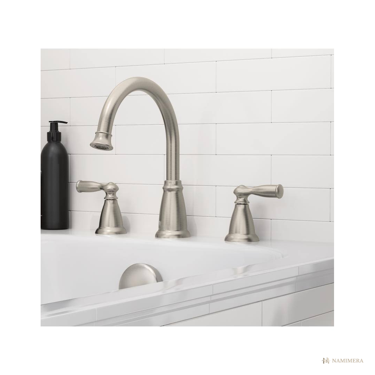 Namimera 2-Handle Deck-Mount High-Arc Roman Tub Faucet with Valve, Brushed Nickel - detail view